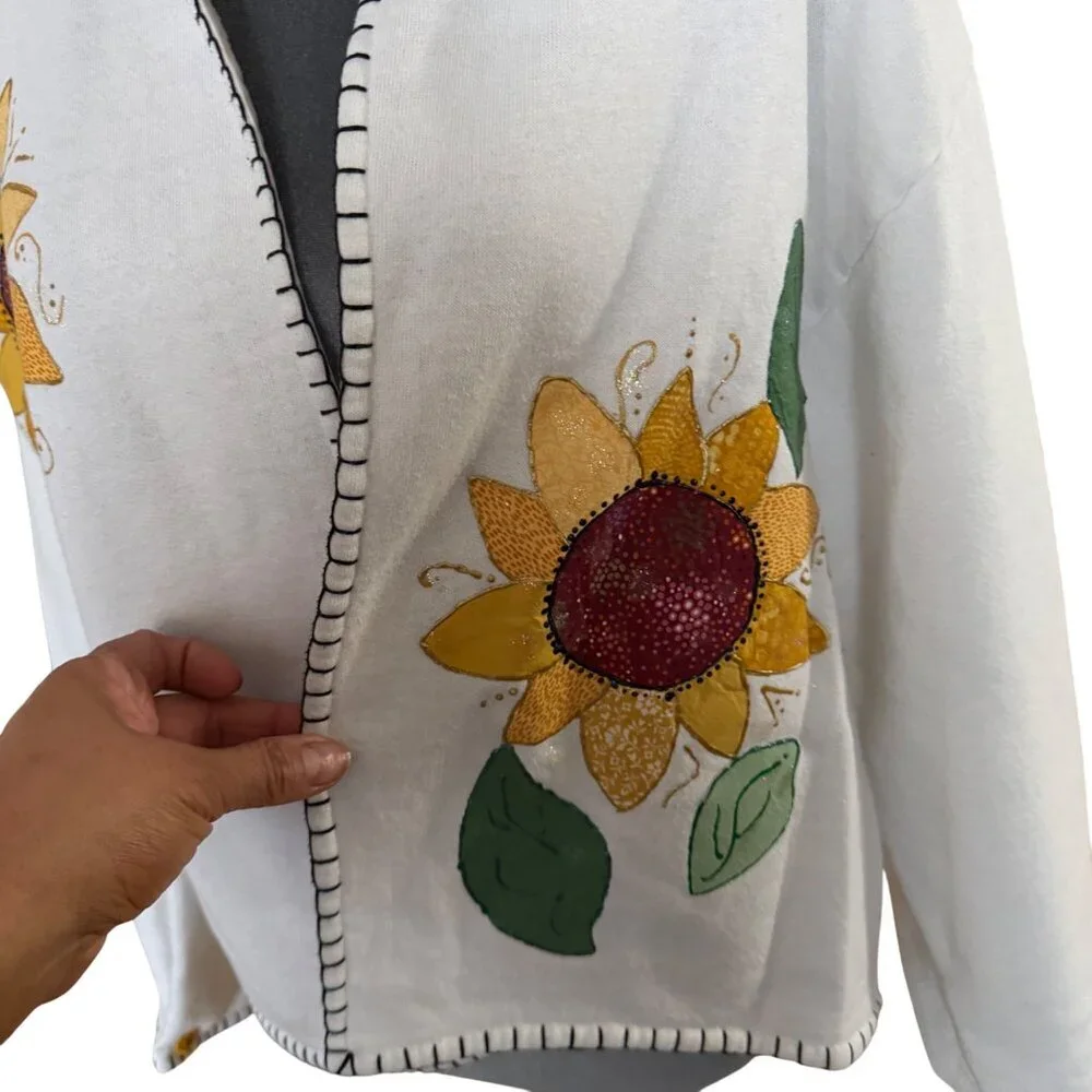 Hand-Painted Sunflower Cardigan Sweater Open Front White Lightweight Womens Larg - Picture 3 of 5